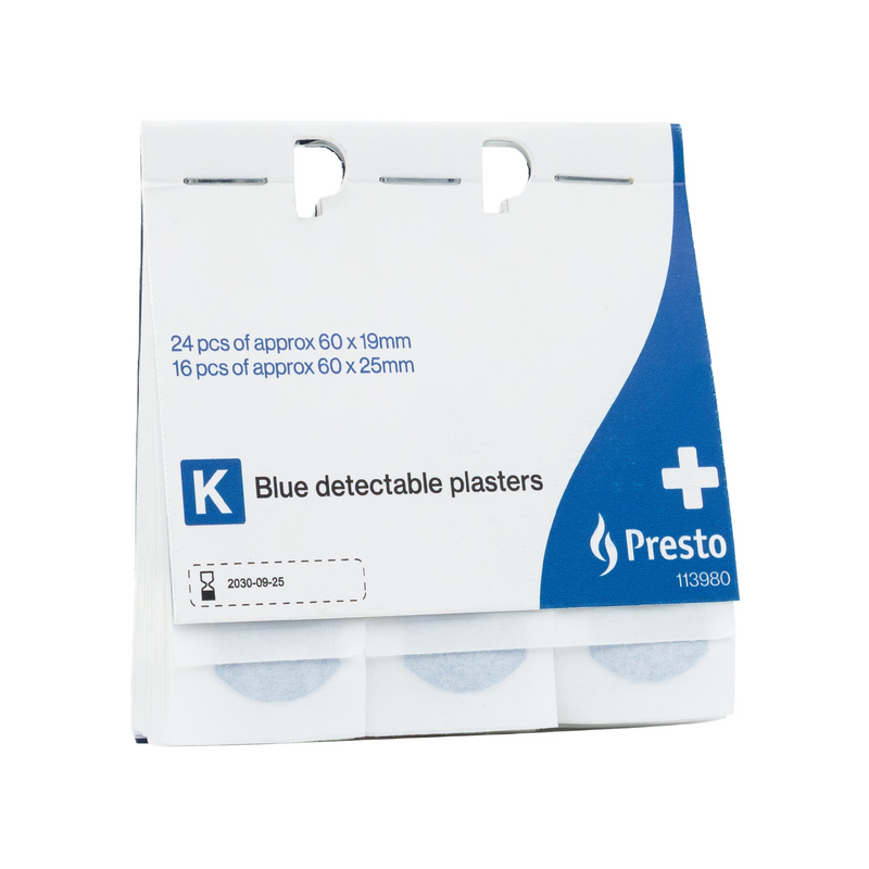 Presto Blå, detekterbara plåster, Presto en av våra beprövade produkter inom första hjälpen. Det är alltid ett tryggt val med Presto Blå, detekterbara plåster från Prestofirstaid.se