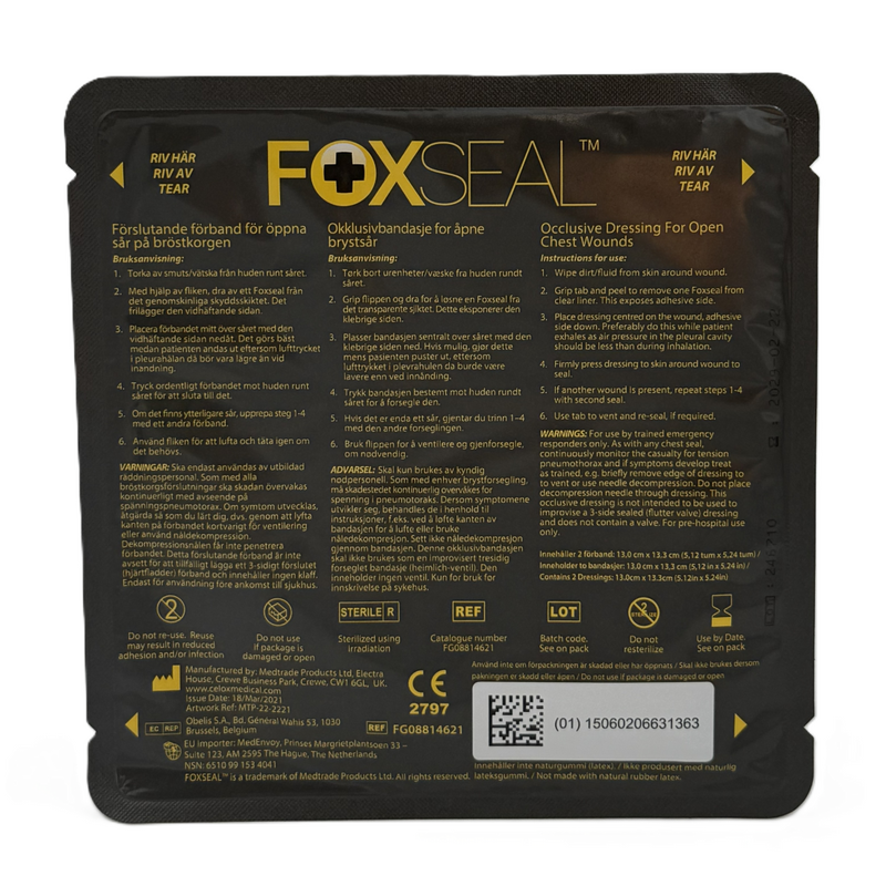 Foxseal Chest Seal, 2-pack, Celox Medical en av våra beprövade produkter inom första hjälpen. Det är alltid ett tryggt val med Foxseal Chest Seal, 2-pack från Prestofirstaid.se